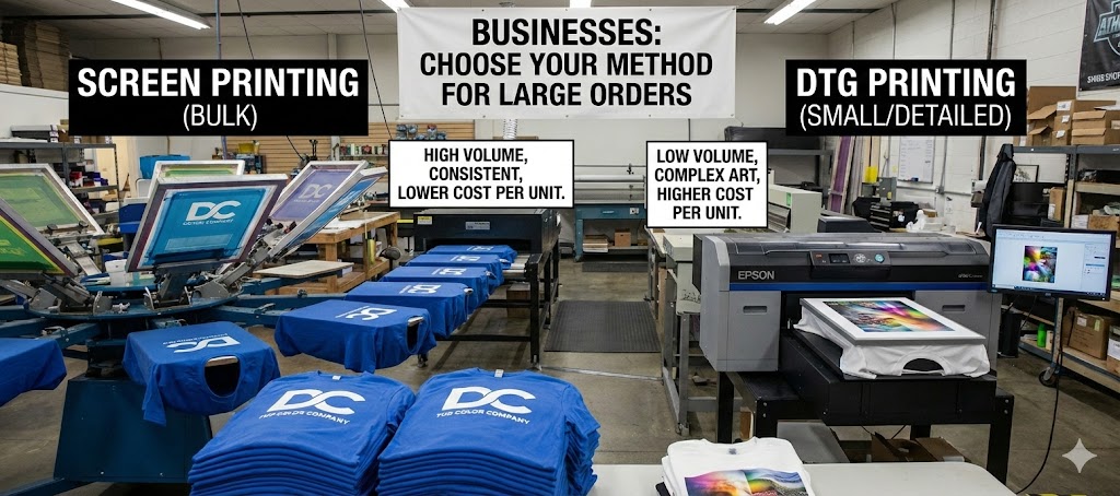 How Businesses Decide Between Screen Printing and DTG for Large Orders