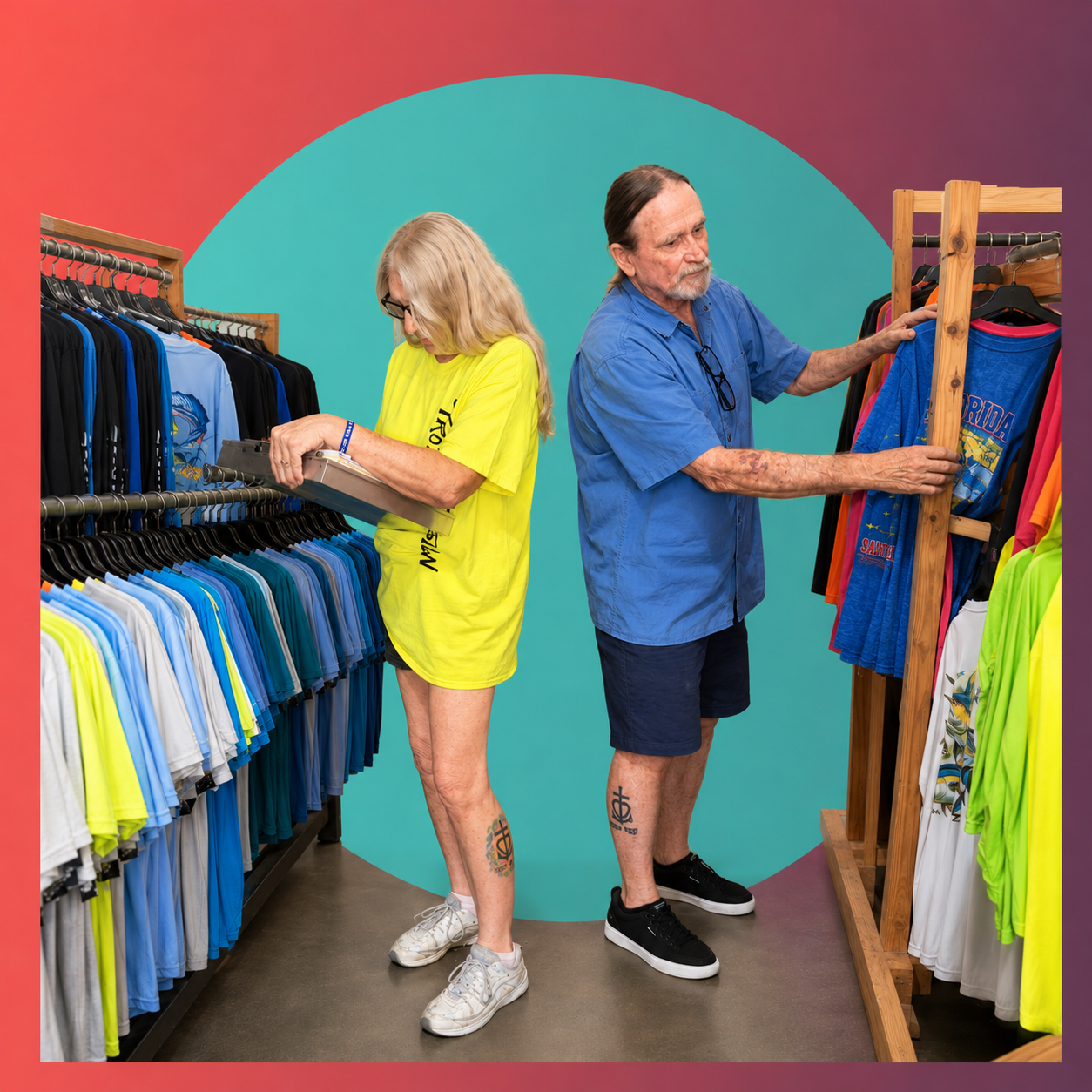 Colorful bulk custom printed T-shirts on display at Tropical Design T-Shirts in Melbourne, FL.